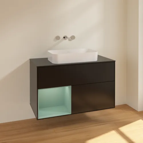 VILLEROY BOCH Toaletní skříňka Finion, s osvětlením, 2 výsuvy, 1000 x 603 x 501 mm, černý matný lak / olivový matný lak / černé matné sklo #F652GMPD, obrázek 2