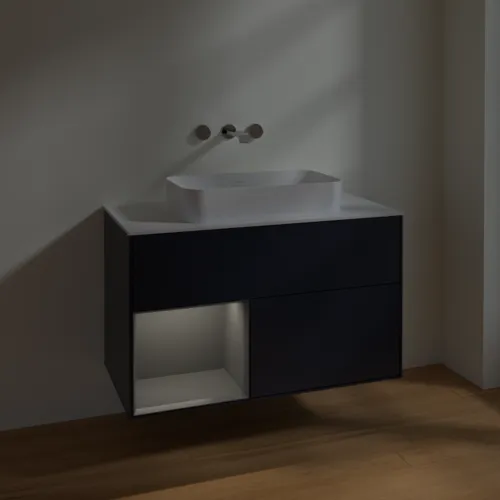 VILLEROY BOCH Toaletní skříňka Finion, s osvětlením, 2 výsuvy, 1000 x 603 x 501 mm, Midnight Blue Matt Lacquer / Anthracite Matt Lacquer / Glass White Matt #F651GKHG, obrázek 5
