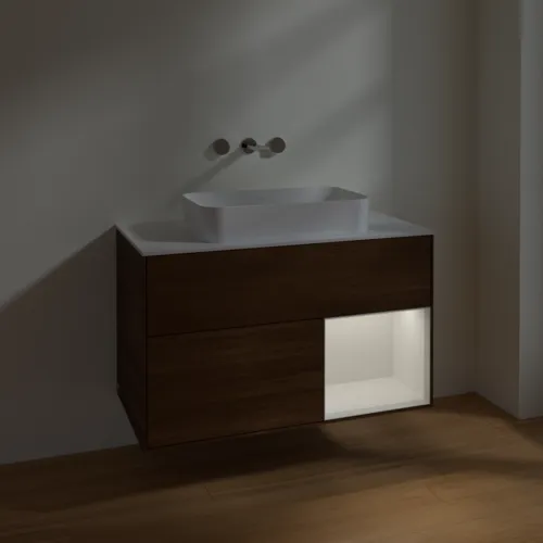 VILLEROY BOCH Toaletní stolek Finion, s osvětlením, 2 výsuvy, 1000 x 603 x 501 mm, ořechová dýha / lesklý bílý lak / sklo bílé matné #F661GFGN, obrázek 5