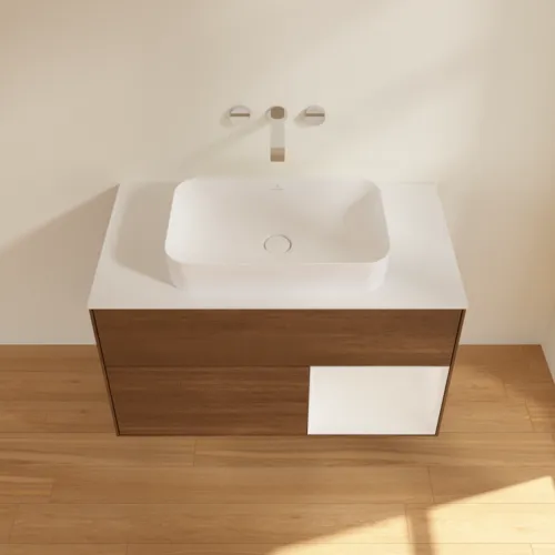 VILLEROY BOCH Toaletní stolek Finion, s osvětlením, 2 výsuvy, 1000 x 603 x 501 mm, ořechová dýha / lesklý bílý lak / sklo bílé matné #F661GFGN, obrázek 4