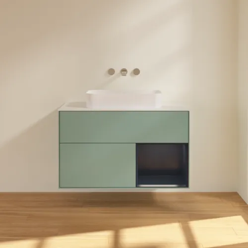 VILLEROY BOCH Toaletní skříňka Finion, s osvětlením, 2 výsuvy, 1000 x 603 x 501 mm, olivový matný lak / půlnoční modrý matný lak / bílé matné sklo #F661HGGM, obrázek 3