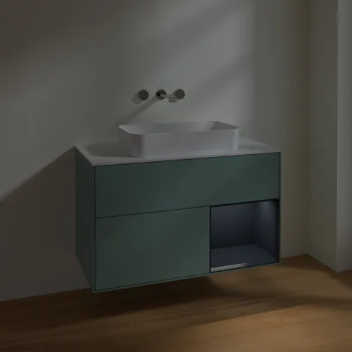 VILLEROY BOCH Toaletní skříňka Finion, s osvětlením, 2 výsuvy, 1000 x 603 x 501 mm, olivový matný lak / půlnoční modrý matný lak / bílé matné sklo #F661HGGM, obrázek 5