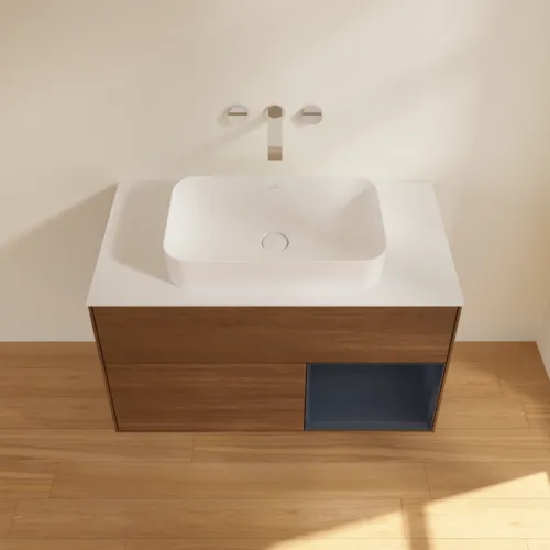 VILLEROY BOCH Toaletní skříňka Finion, s osvětlením, 2 výsuvy, 1000 x 603 x 501 mm, ořechová dýha / půlnočně modrý matný lak / sklo bílé matné #F661HGGN, obrázek 4