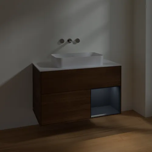 VILLEROY BOCH Toaletní skříňka Finion, s osvětlením, 2 výsuvy, 1000 x 603 x 501 mm, ořechová dýha / půlnočně modrý matný lak / sklo bílé matné #F661HGGN, obrázek 5