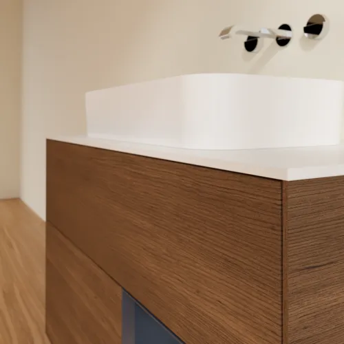 VILLEROY BOCH Toaletní skříňka Finion, s osvětlením, 2 výsuvy, 1000 x 603 x 501 mm, ořechová dýha / půlnočně modrý matný lak / sklo bílé matné #F661HGGN, obrázek 6