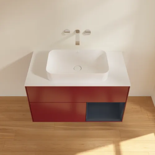 VILLEROY BOCH Toaletní skříňka Finion, s osvětlením, 2 výsuvy, 1000 x 603 x 501 mm, Pivoňka matný lak / Půlnoční modrá matný lak / Sklo bílé matné #F661HGHB, obrázek 4