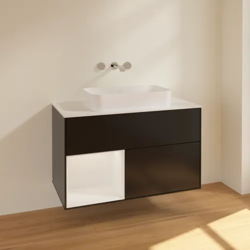 VILLEROY BOCH Toaletní skříňka Finion, s osvětlením, 2 výsuvy, 1000 x 603 x 501 mm, černý matný lak / bílý lesklý lak / bílé matné sklo #F651GFPD, obrázek 2