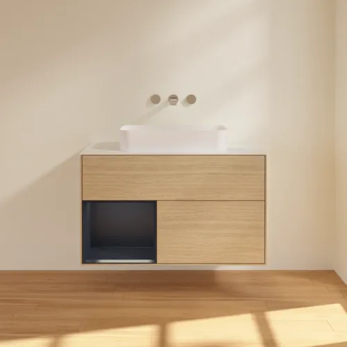 VILLEROY BOCH Toaletní skříňka Finion, s osvětlením, 2 výsuvy, 1000 x 603 x 501 mm, dubová dýha / půlnočně modrý matný lak / bílé matné sklo #F651HGPC, obrázek 3