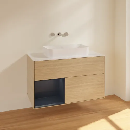 VILLEROY BOCH Toaletní skříňka Finion, s osvětlením, 2 výsuvy, 1000 x 603 x 501 mm, dubová dýha / půlnočně modrý matný lak / bílé matné sklo #F651HGPC, obrázek 2