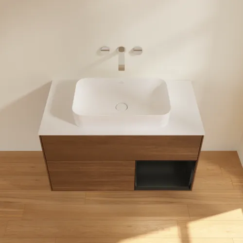VILLEROY BOCH Toaletní stolek Finion, s osvětlením, 2 výsuvy, 1000 x 603 x 501 mm, ořechová dýha / černý matný lak / sklo bílé matné #F661PDGN, obrázek 4