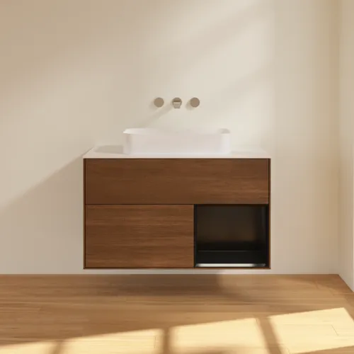 VILLEROY BOCH Toaletní stolek Finion, s osvětlením, 2 výsuvy, 1000 x 603 x 501 mm, ořechová dýha / černý matný lak / sklo bílé matné #F661PDGN, obrázek 3