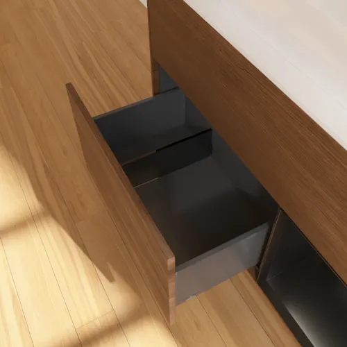 VILLEROY BOCH Toaletní stolek Finion, s osvětlením, 2 výsuvy, 1000 x 603 x 501 mm, ořechová dýha / černý matný lak / sklo bílé matné #F661PDGN, obrázek 7