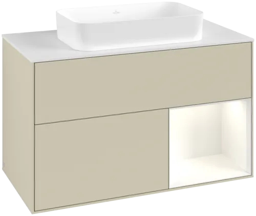 VILLEROY BOCH Toaletní skříňka Finion, s osvětlením, 2 výsuvy, 1000 x 603 x 501 mm, hedvábně šedý matný lak / lesklý bílý lak / sklo bílé matné #F661GFHJ