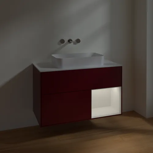 VILLEROY BOCH Toaletní skříňka Finion, s osvětlením, 2 výsuvy, 1000 x 603 x 501 mm, Pivoňka matný lak / lesklý bílý lak / sklo bílé matné #F661GFHB, obrázek 5