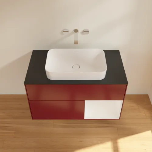 VILLEROY BOCH Toaletní skříňka Finion, s osvětlením, 2 výsuvy, 1000 x 603 x 501 mm, matný lak Peony / lesklý bílý lak / černé matné sklo #F662GFHB, obrázek 4