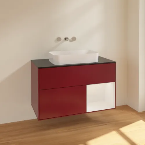 VILLEROY BOCH Toaletní skříňka Finion, s osvětlením, 2 výsuvy, 1000 x 603 x 501 mm, matný lak Peony / lesklý bílý lak / černé matné sklo #F662GFHB, obrázek 2