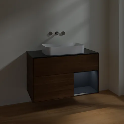 VILLEROY BOCH Toaletní skříňka Finion, s osvětlením, 2 výsuvy, 1000 x 603 x 501 mm, ořechová dýha / půlnočně modrý matný lak / černé matné sklo #F662HGGN, obrázek 5