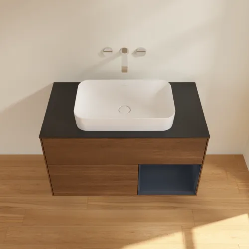 VILLEROY BOCH Toaletní skříňka Finion, s osvětlením, 2 výsuvy, 1000 x 603 x 501 mm, ořechová dýha / půlnočně modrý matný lak / černé matné sklo #F662HGGN, obrázek 4