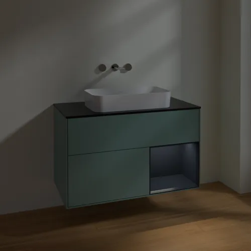VILLEROY BOCH Toaletní skříňka Finion, s osvětlením, 2 výsuvy, 1000 x 603 x 501 mm, olivový matný lak / půlnoční modrý matný lak / černé matné sklo #F662HGGM, obrázek 5