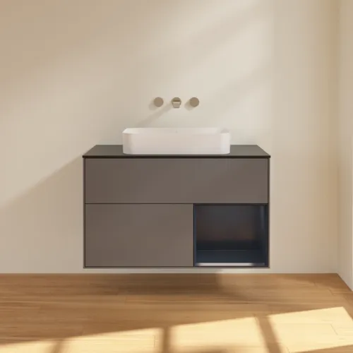 VILLEROY BOCH Toaletní skříňka Finion, s osvětlením, 2 výsuvy, 1000 x 603 x 501 mm, antracitový matný lak / půlnoční modrý matný lak / černé matné sklo #F662HGGK, obrázek 3