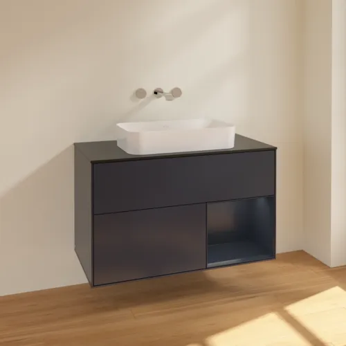VILLEROY BOCH Toaletní skříňka Finion, s osvětlením, 2 výsuvy, 1000 x 603 x 501 mm, Midnight Blue Matt Lacquer / Midnight Blue Matt Lacquer / Glass Black Matt #F662HGHG, obrázek 2