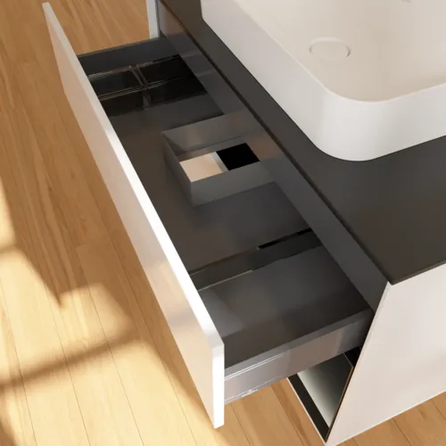 VILLEROY BOCH Umyvadlová skříňka Finion, s osvětlením, 2 výsuvy, 1000 x 603 x 501 mm, lesklý bílý lak / černý matný lak / černé matné sklo #F662PDGF, obrázek 6
