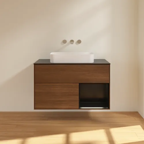 VILLEROY BOCH Toaletní skříňka Finion, s osvětlením, 2 výsuvy, 1000 x 603 x 501 mm, ořechová dýha / černý matný lak / černé matné sklo #F662PDGN, obrázek 3