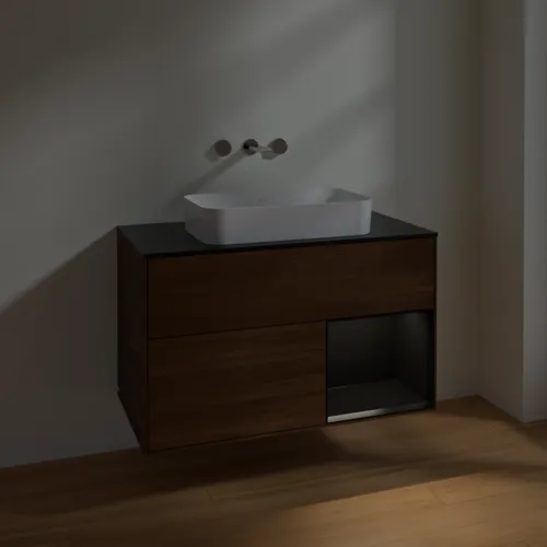 VILLEROY BOCH Toaletní skříňka Finion, s osvětlením, 2 výsuvy, 1000 x 603 x 501 mm, ořechová dýha / černý matný lak / černé matné sklo #F662PDGN, obrázek 4