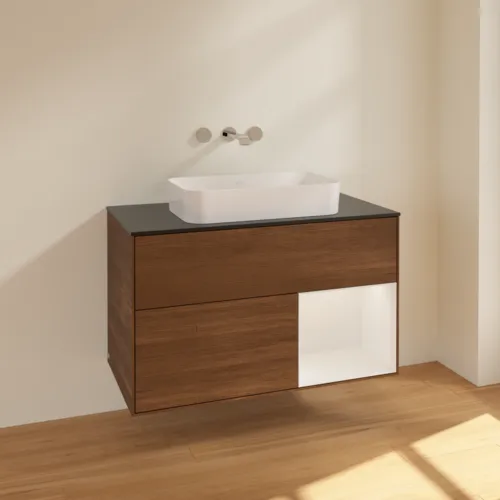 VILLEROY BOCH Toaletní skříňka Finion, s osvětlením, 2 výsuvy, 1000 x 603 x 501 mm, ořechová dýha / lesklý bílý lak / sklo černé matné #F662GFGN, obrázek 2
