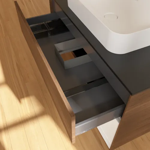 VILLEROY BOCH Toaletní skříňka Finion, s osvětlením, 2 výsuvy, 1000 x 603 x 501 mm, ořechová dýha / lesklý bílý lak / sklo černé matné #F662GFGN, obrázek 8