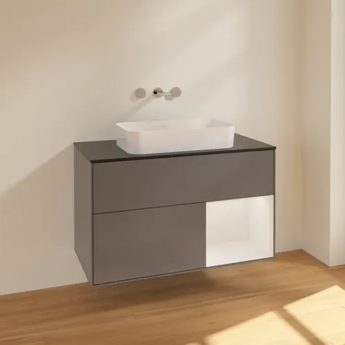 VILLEROY BOCH Toaletní skříňka Finion, s osvětlením, 2 výsuvy, 1000 x 603 x 501 mm, antracit matný lak / lesklý bílý lak / sklo černé matné #F662GFGK, obrázek 2