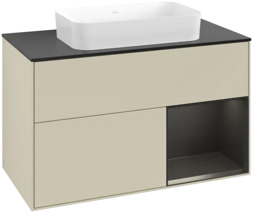 VILLEROY BOCH Toaletní skříňka Finion, s osvětlením, 2 výsuvy, 1000 x 603 x 501 mm, hedvábně šedý matný lak / černý matný lak / černé matné sklo #F662PDHJ