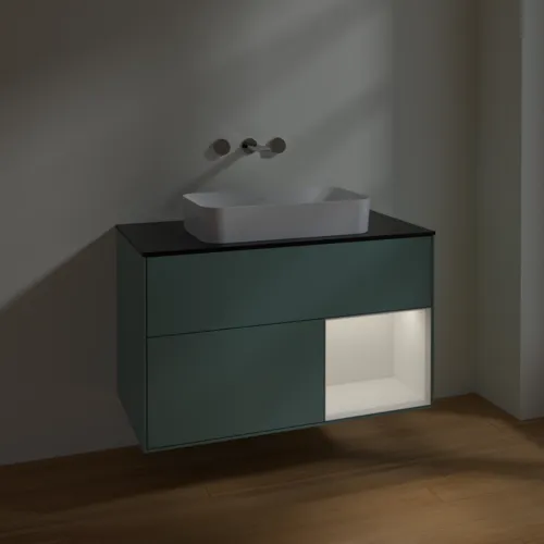 VILLEROY BOCH Toaletní skříňka Finion, s osvětlením, 2 výsuvy, 1000 x 603 x 501 mm, olivový matný lak / lesklý bílý lak / sklo černé matné #F662GFGM, obrázek 5