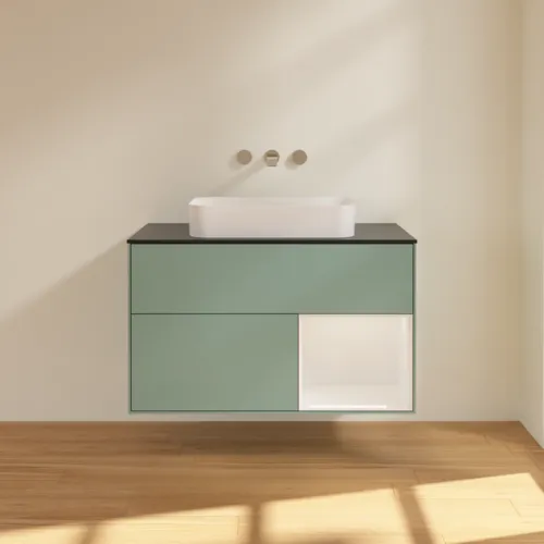 VILLEROY BOCH Toaletní skříňka Finion, s osvětlením, 2 výsuvy, 1000 x 603 x 501 mm, olivový matný lak / lesklý bílý lak / sklo černé matné #F662GFGM, obrázek 3