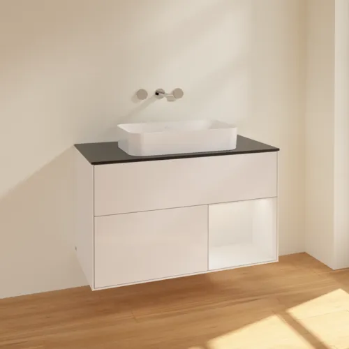 VILLEROY BOCH Toaletní skříňka Finion, s osvětlením, 2 výsuvy, 1000 x 603 x 501 mm, lesklý bílý lak / lesklý bílý lak / sklo černé matné #F662GFGF, obrázek 2
