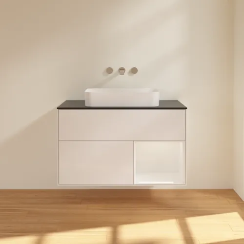 VILLEROY BOCH Toaletní skříňka Finion, s osvětlením, 2 výsuvy, 1000 x 603 x 501 mm, lesklý bílý lak / lesklý bílý lak / sklo černé matné #F662GFGF, obrázek 3