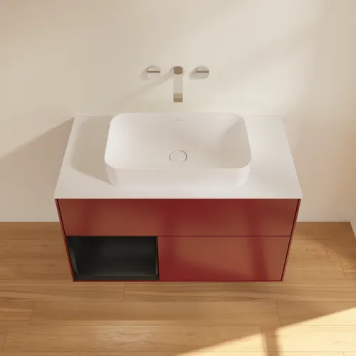 VILLEROY BOCH Toaletní skříňka Finion, s osvětlením, 2 výsuvy, 1000 x 603 x 501 mm, Pivoňka matný lak / Černý matný lak / Sklo bílé matné #F651PDHB, obrázek 4