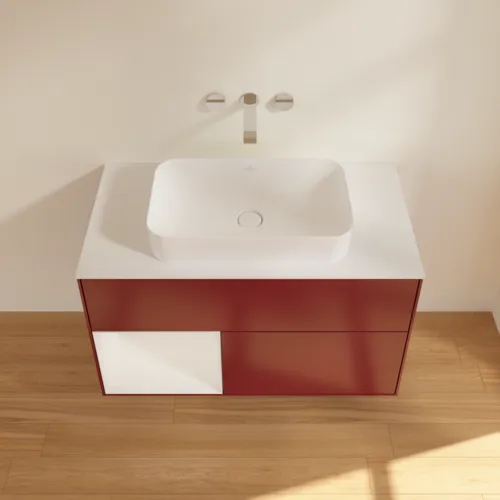 VILLEROY BOCH Toaletní skříňka Finion, s osvětlením, 2 výsuvy, 1000 x 603 x 501 mm, Pivoňka matný lak / lesklý bílý lak / sklo bílé matné #F651GFHB, obrázek 4