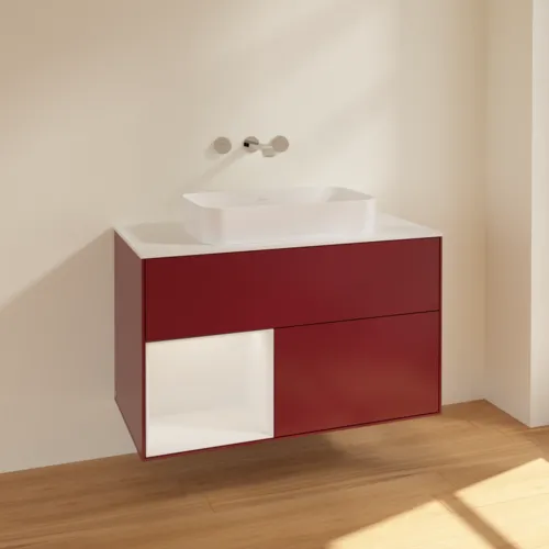 VILLEROY BOCH Toaletní skříňka Finion, s osvětlením, 2 výsuvy, 1000 x 603 x 501 mm, Pivoňka matný lak / lesklý bílý lak / sklo bílé matné #F651GFHB, obrázek 2