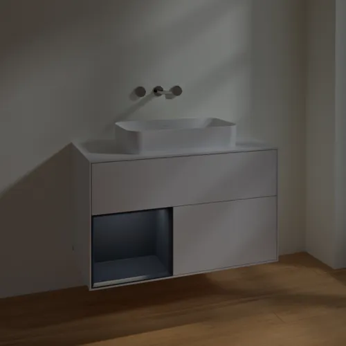 VILLEROY BOCH Toaletní skříňka Finion, s osvětlením, 2 výsuvy, 1000 x 603 x 501 mm, lesklý bílý lak / půlnoční modrý matný lak / bílé matné sklo #F651HGGF, obrázek 5