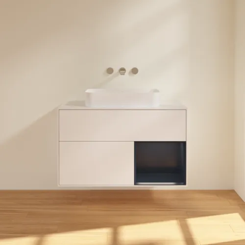 VILLEROY BOCH Toaletní skříňka Finion, s osvětlením, 2 výsuvy, 1000 x 603 x 501 mm, bílý matný lak / půlnoční modrý matný lak / bílé matné sklo #F661HGMT, obrázek 3