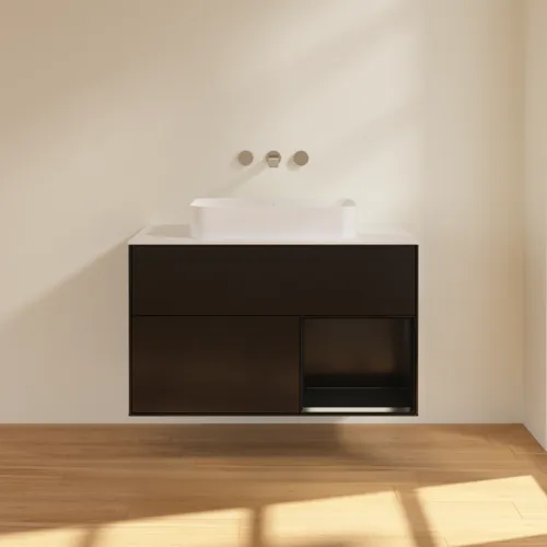 VILLEROY BOCH Toaletní skříňka Finion, s osvětlením, 2 výsuvy, 1000 x 603 x 501 mm, černý matný lak / černý matný lak / sklo bílé matné #F661PDPD, obrázek 3