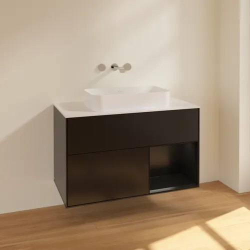 VILLEROY BOCH Toaletní skříňka Finion, s osvětlením, 2 výsuvy, 1000 x 603 x 501 mm, černý matný lak / černý matný lak / sklo bílé matné #F661PDPD, obrázek 2