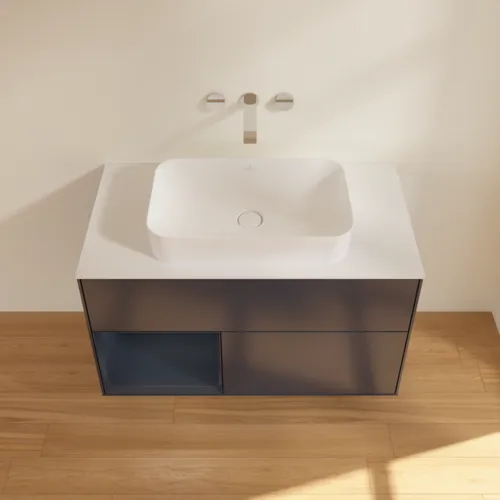 VILLEROY BOCH Toaletní skříňka Finion, s osvětlením, 2 výsuvy, 1000 x 603 x 501 mm, Midnight Blue Matt Lacquer / Midnight Blue Matt Lacquer / Glass White Matt #F651HGHG, obrázek 4