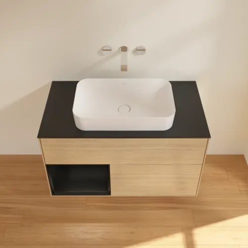 VILLEROY BOCH Toaletní skříňka Finion, s osvětlením, 2 výsuvy, 1000 x 603 x 501 mm, dubová dýha / černý matný lak / černé matné sklo #F652PDPC, obrázek 4