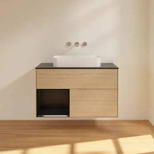 VILLEROY BOCH Toaletní skříňka Finion, s osvětlením, 2 výsuvy, 1000 x 603 x 501 mm, dubová dýha / černý matný lak / černé matné sklo #F652PDPC, obrázek 3