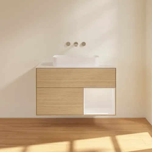 VILLEROY BOCH Toaletní stolek Finion, s osvětlením, 2 výsuvy, 1000 x 603 x 501 mm, dubová dýha / lesklý bílý lak / sklo bílé matné #F661GFPC, obrázek 3