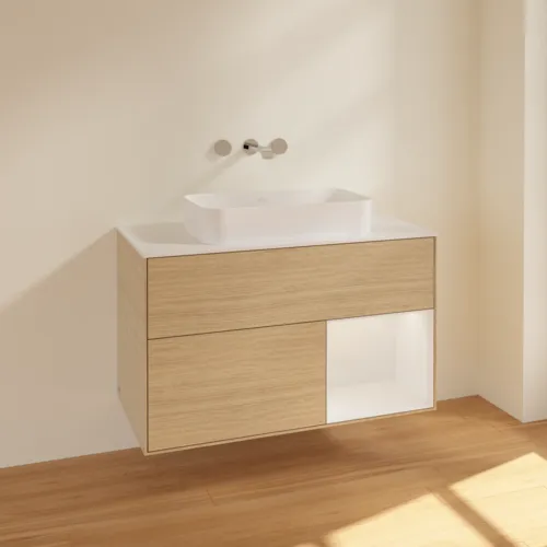 VILLEROY BOCH Toaletní stolek Finion, s osvětlením, 2 výsuvy, 1000 x 603 x 501 mm, dubová dýha / lesklý bílý lak / sklo bílé matné #F661GFPC, obrázek 2