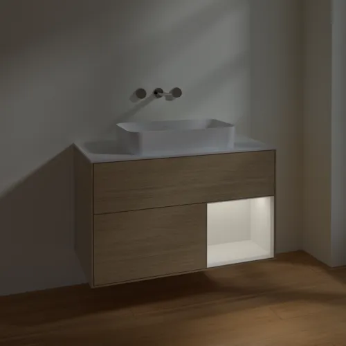 VILLEROY BOCH Toaletní stolek Finion, s osvětlením, 2 výsuvy, 1000 x 603 x 501 mm, dubová dýha / lesklý bílý lak / sklo bílé matné #F661GFPC, obrázek 5