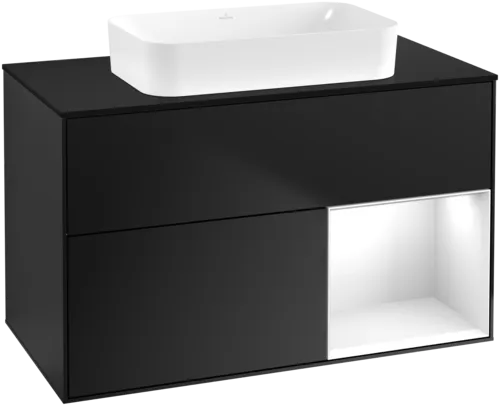 VILLEROY BOCH Umyvadlová skříňka Finion, s osvětlením, 2 výsuvy, 1000 x 603 x 501 mm, černý matný lak / lesklý bílý lak / černé matné sklo #F662GFPD